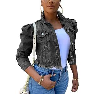 Omoone Women's Ripped Puff Sleeve Denim Crop Top Long-Sleeve Cropped Jean Jacket, Small