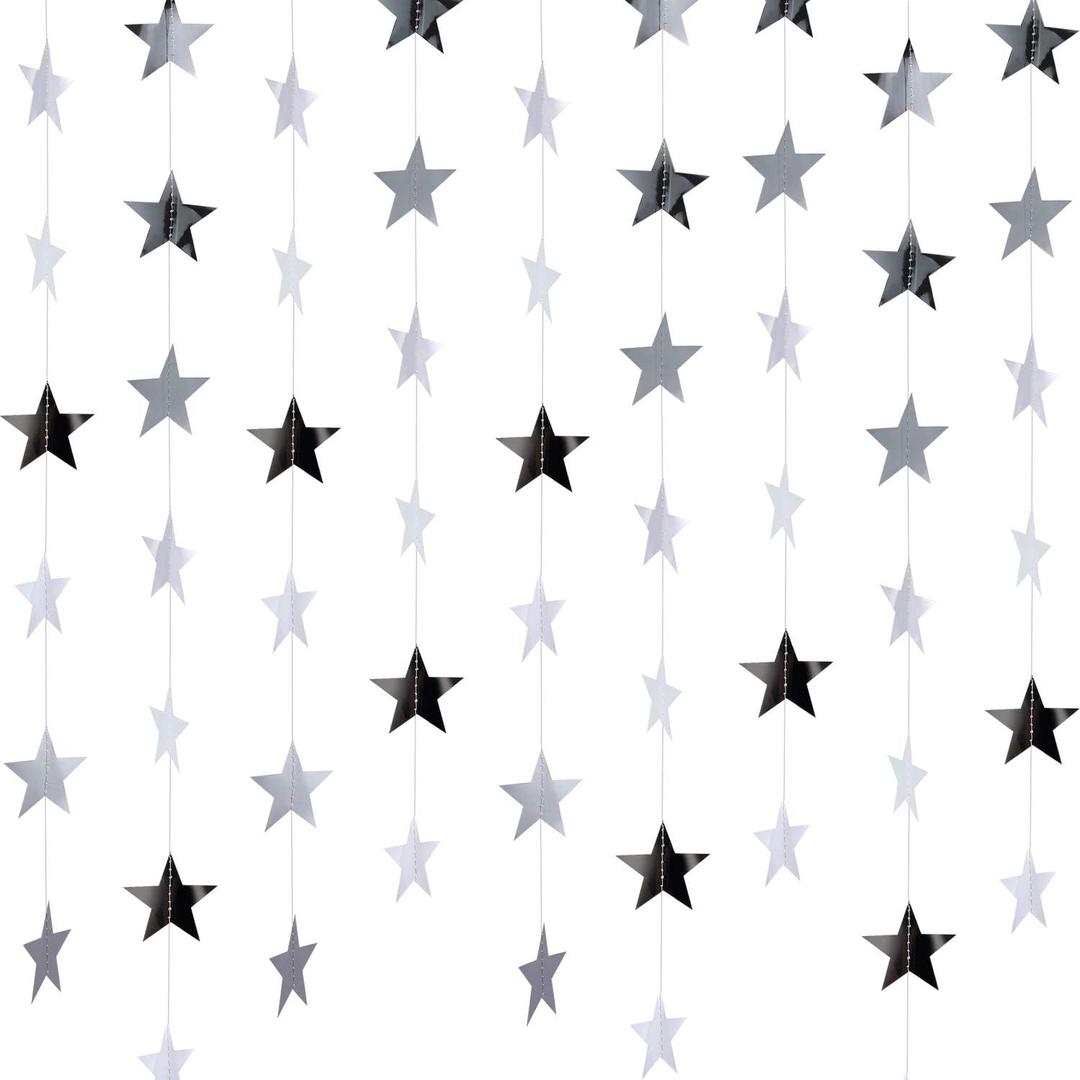 Patelai Glitter Star Garland Banner 2026 New Years Decor 130 Feet Star Hanging Banner Twinkle Backdrop for Birthday Classroom Wedding Christmas Party Supplies(Silver)