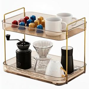 Coffee Bar Organizer, 2 Tier Coffee Station Trays, Mug Whiskey Holder Rack with Dual-Handle for Corner Accessories, Small Shelf Condiment Storage Caddy for Home Kitchen Office - Translucent Amber