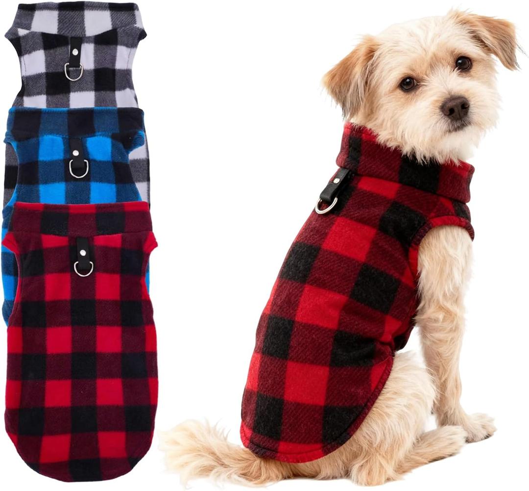 Topbuti 3 Pieces Dog Sweater with Leash Ring, Buffalo Plaid Fleece Vest Pullover Puppy Sweater Warm Jacket Pet Clothes Coats for Small Dogs Cats Teddy Chihuahua Yorkshire (Large, Buffalo Plaid)