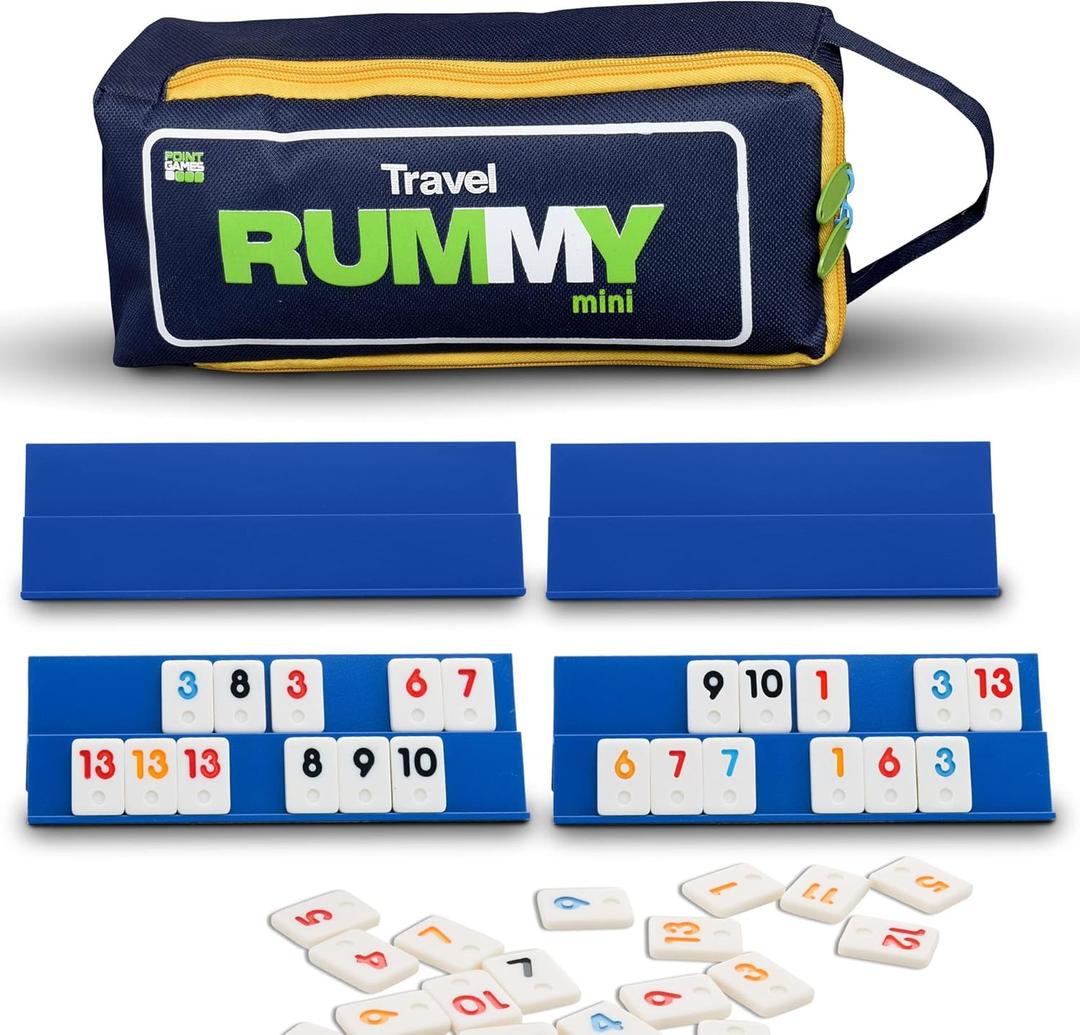Point Games Classic Mini Rummy Game Set with 4 Exclusive Folding Playing Racks in Super Durable Travel Bag, for 2-4 Players Great Gift for Adults and Kids