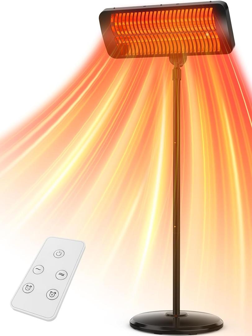 Outdoor Heaters for Patio, 12H Timer&3 Heat Level, IP54 Waterproof Electric Heater,1500W Infrared for 1S Heating, Tip-Over Protection, Towel Bracket, Remote, 83" Patio Heaters for Outdoor Use