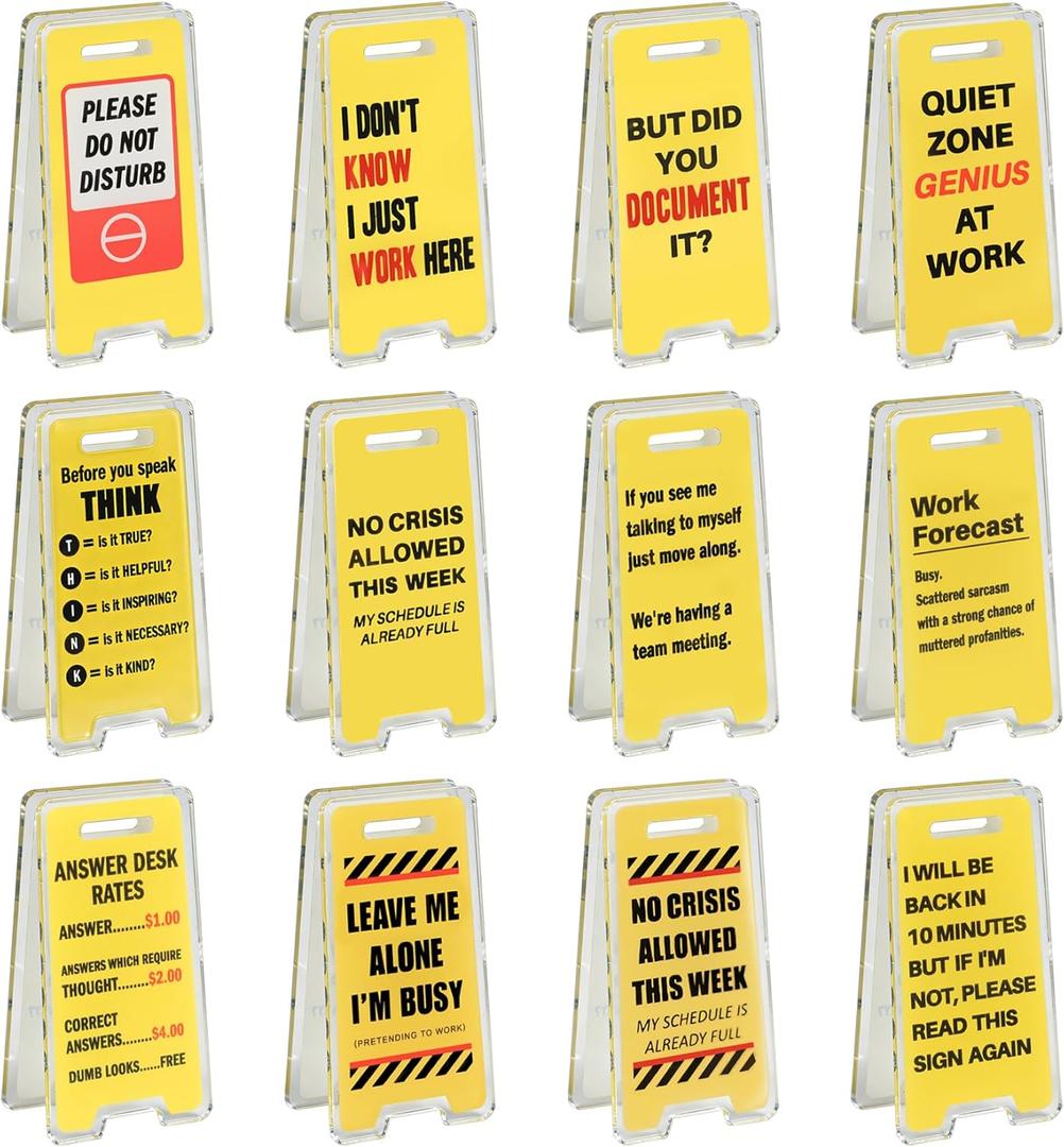 24 Pack Funny Office Desk Signs, Mini Acrylic Yellow Caution Desk Signs Office Decorations for Coworker Women Men Boss and Employee Appreciation Gifts