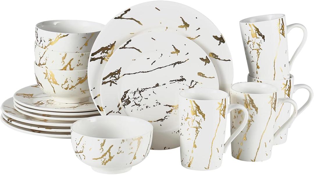 Modern Porcelain 16 Piece White and Gold Dinnerware Set,Plates and Bowls Set,Dish Set for 4,White Dinnerware Set,Dinner Sets with Dinner Plates.