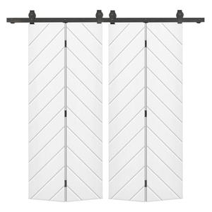 Herringbone 48 in. x 80 in. White Painted MDF Modern Bi-Fold Double Barn Door with Sliding Hardware Kit