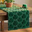 Macarrie St. Patrick's Day Table Runner Green Soft Plush Faux Fur Jacquard Shamrock Tabletop Runner 13 x 71 Inch Clover Seasonal Holiday Kitchen Dining for Home Indoor Mantel Party Decoration