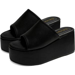 Platform Sandals Slides for Women Black Chunky Platform Wedge Comfortable Open Toe Slip on Flatform Sandals Casual (9)