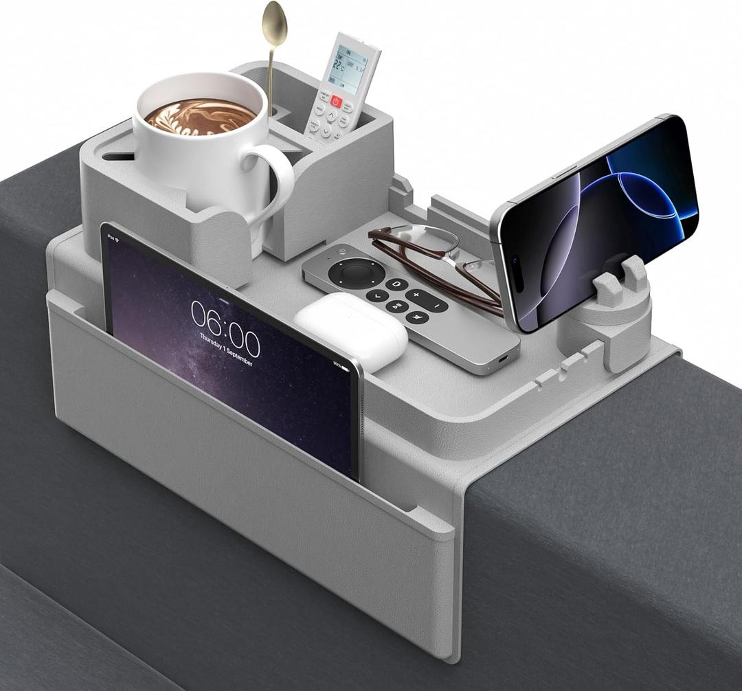 Couch Arm Cup Holder CLESOO Couch Arm Tray Anti-Slip Couch Cup Holder Silicone Sofa Armrest Tray Dual Side Pocket Couch Drink Holder Sofa Caddy Remote Holder Armrest Snack Caddy with Phone Holder Grey (Gray)