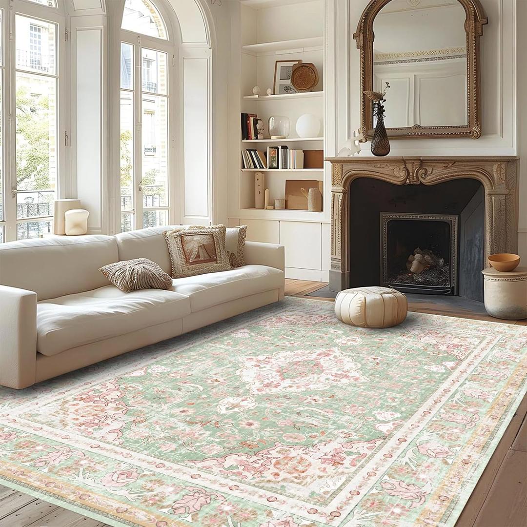 Vhong Washable Area Rugs Boho Vintage Modern Neutral Large Carpet Green and Pink High Traffic Rugs 69 for Dinning Room Living Room Bedroom Farmhouse Non Slip