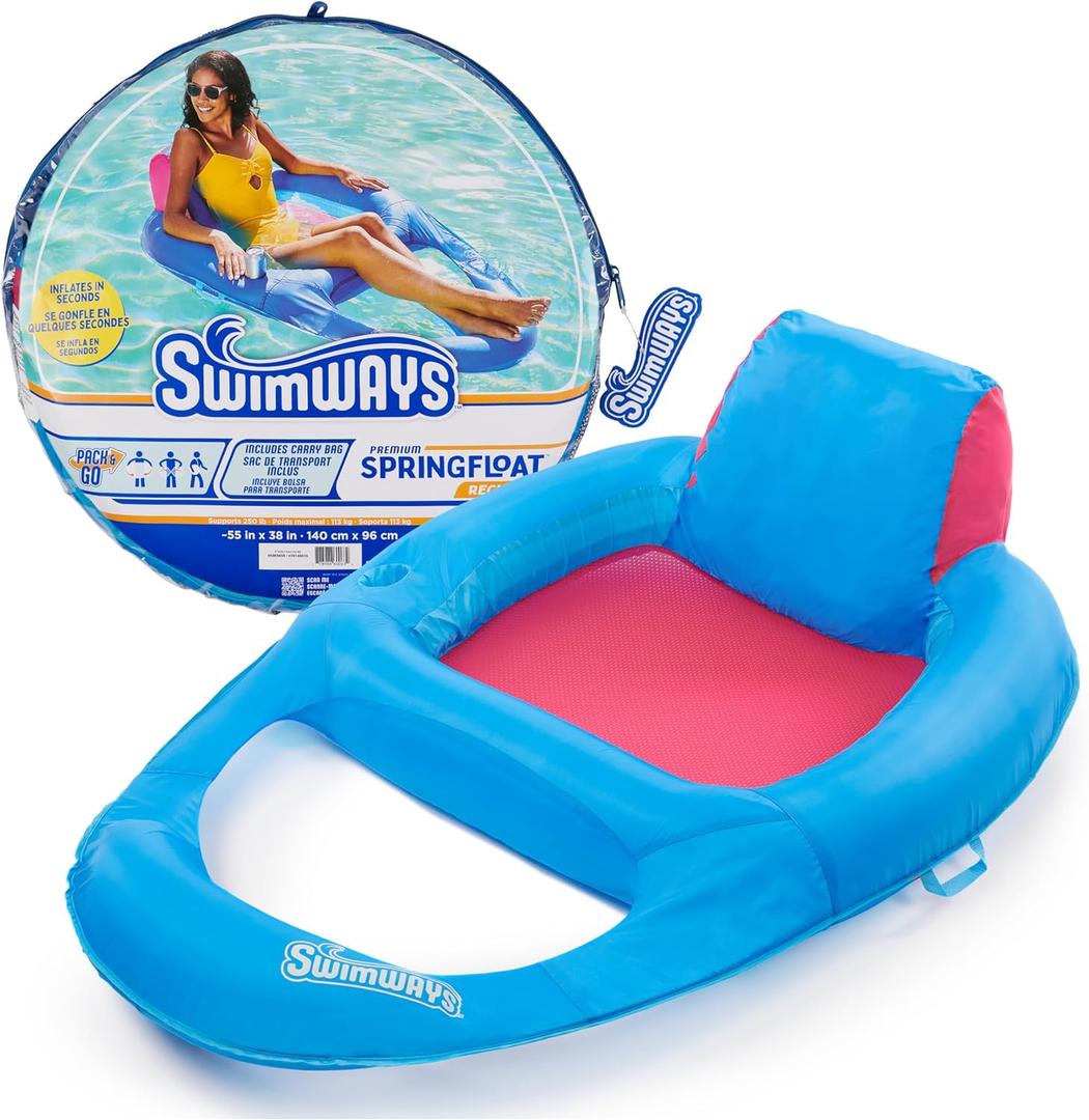 SwimWays Spring Float Premium Recliner Pool Lounger, Inflatable Pool Floats Adult with Fast Inflation for Ages 15 & Up (Blue/Pink Recliner (New Version))