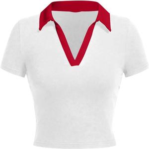 Avanova Women Polo Collared V Neck Tee Shirts Ringer Short Sleeve Crop Tops (Medium)