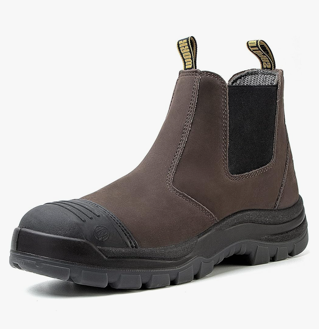 Work Boots for Men, Steel/Soft Toe Waterproof Working Boots, Slip Resistant Slip-on Safety Static Dissipative Working Shoes (Dark Brown) 9.5