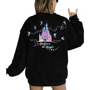 MYHALF Believe In The Magic Sweatshirt Women Magic Pullover Shirt Family Vacation Crewneck Castle Graphic Top (Large, Black)
