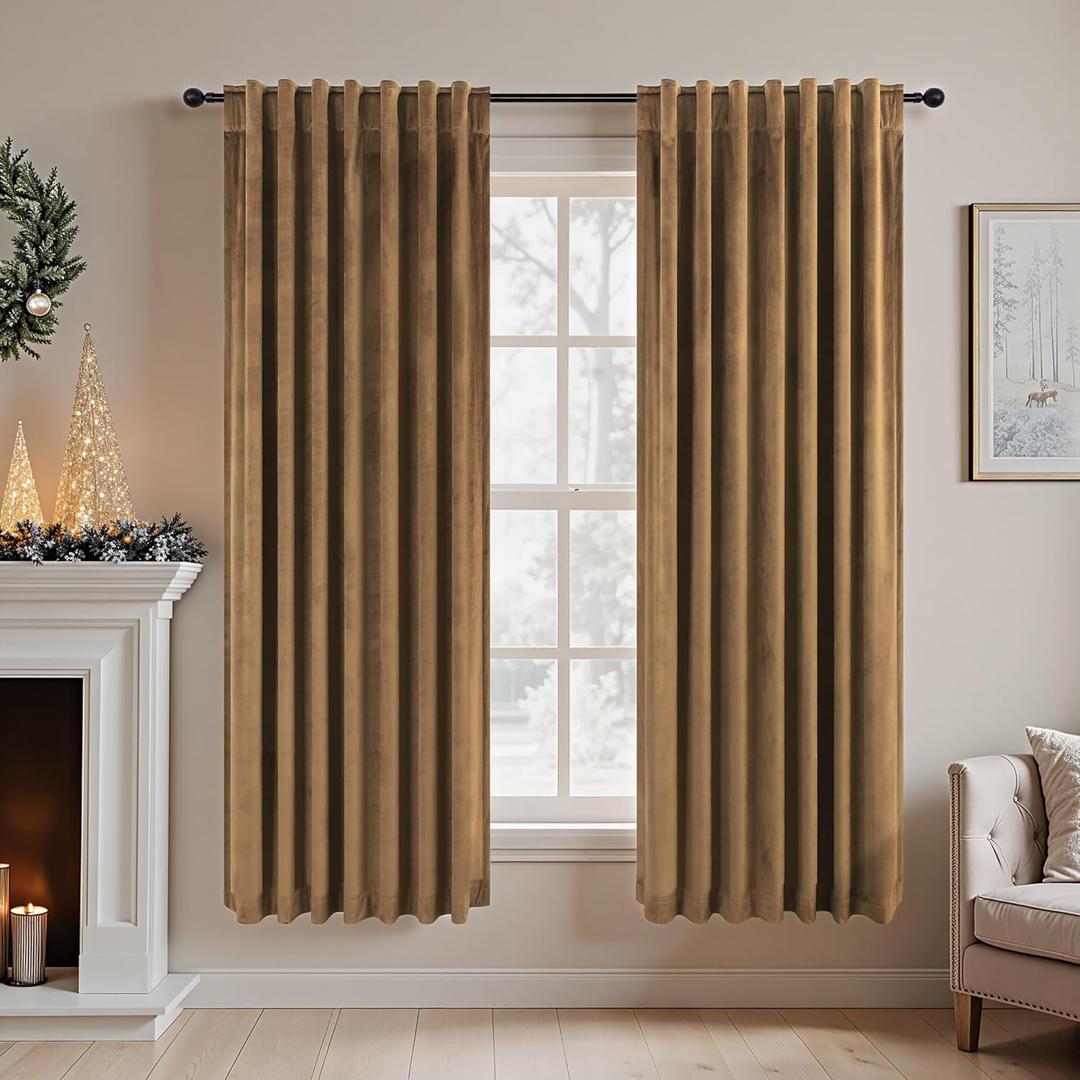 Pitalk Velvet Room Darkening Curtains Gold Brown for Living Room Divider Silk Satin Textured Thermal Soundproof Noise Reducing Drape for Master Bedroom Aesthetic Office Back Tab 72 Inch Length 2 Panel