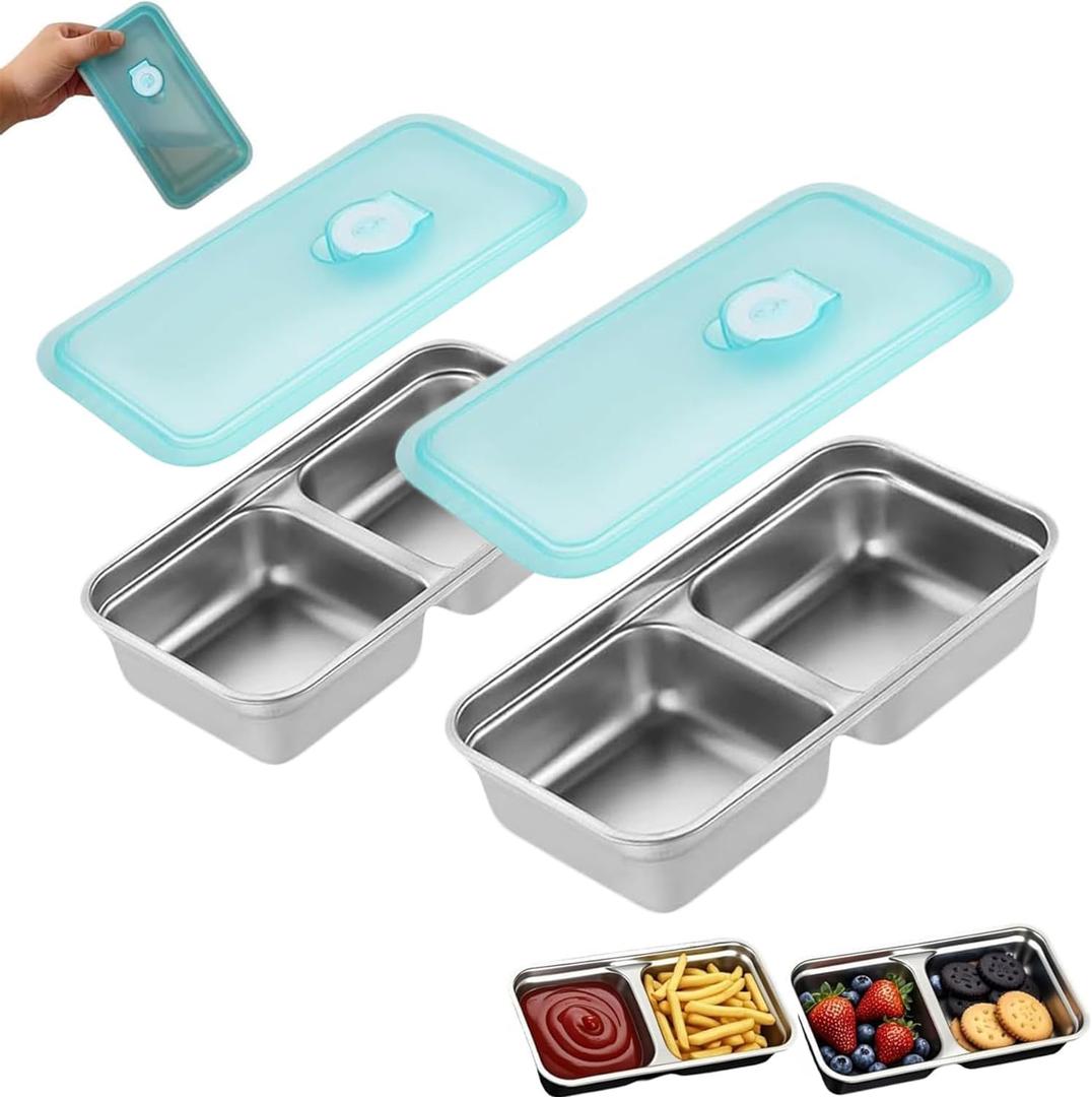2 x Grab and Go Snack Containers Reusable, Stainless Steel Double Compartment Snack Containers, Leakproof & Airtight Food Storage Container s, Ideal for Lunch, Snac ks Dips, Condiments