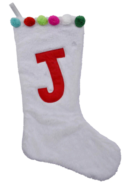 Holiday Home White Plush and Pom Poms Stocking