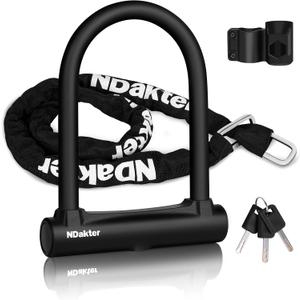 NDakter Bike Locks, 17mm Heavy Duty Anti Theft, Bike U Lock with 4FT Chain and Bracket, Electric Bicycle Lock for Scooter, 3 Keys Motorcycle Wheel Lock for Ebike, Moped, Tricycle