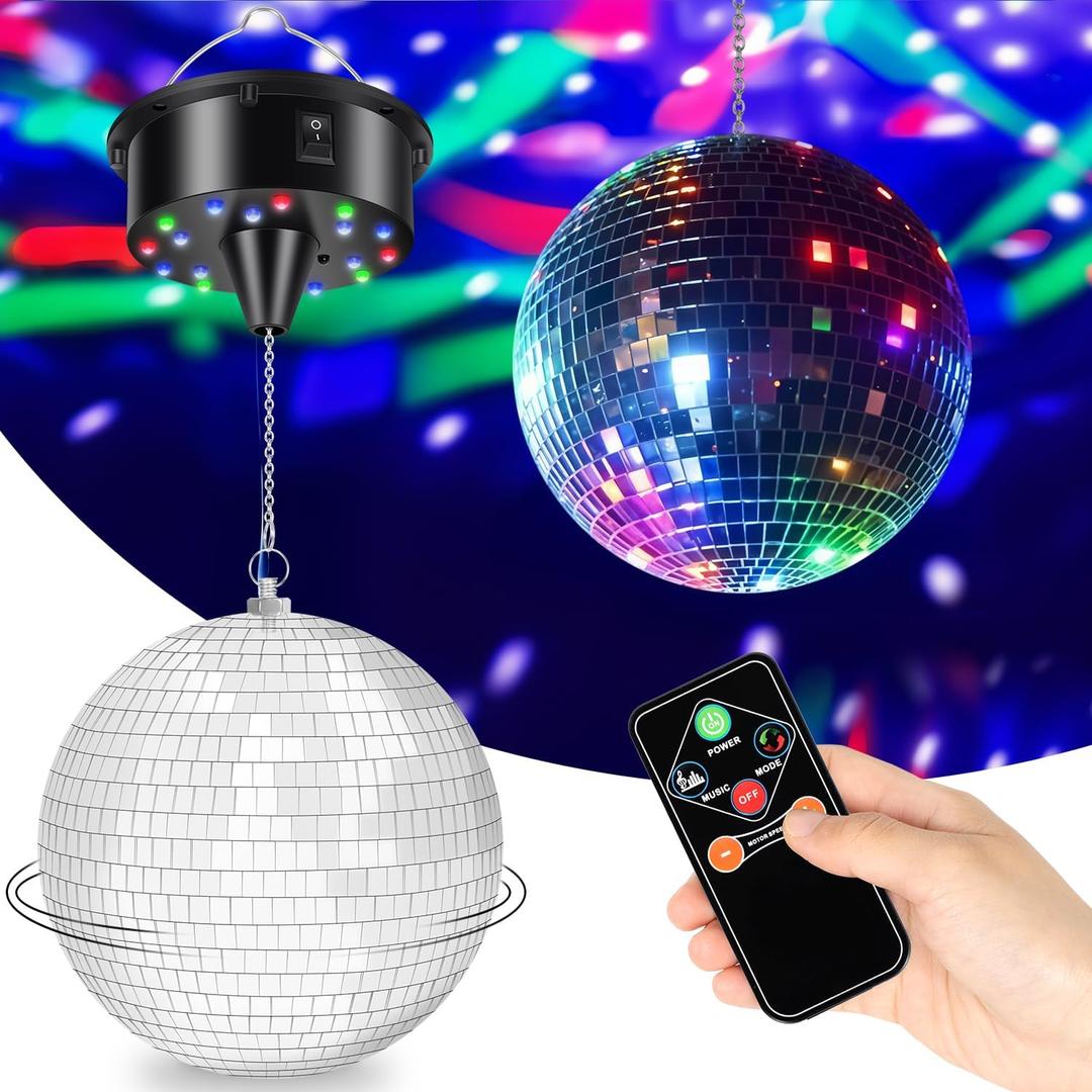 7 Inch Hanging Light Up LED Disco Mirror Ball - Rotating Spinning Decorations for Indoor Parties