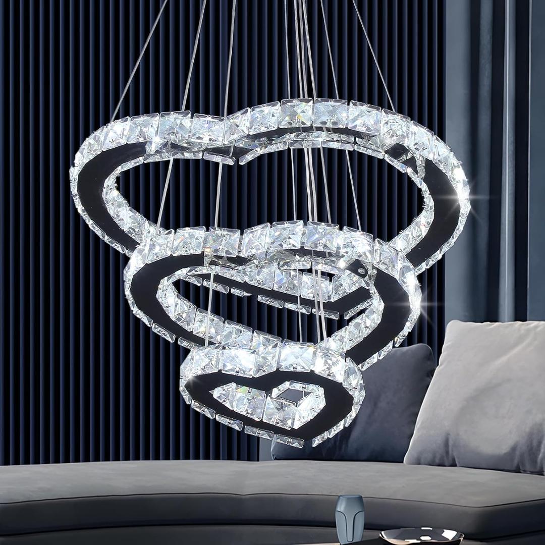 Modern Heart Crystal 3 Rings Chandelier LED Pendant Lighting Stainless Steel Hanging Ceiling Light for Living Room Dining Room Bedroom (Heart, Cool White)