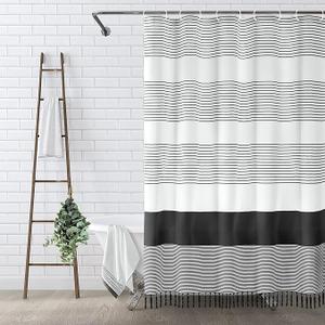 Awellife Boho Black and White Shower Curtain for Bathroom Extra Long Stripe Tassel Shower Curtain 72 X 84 Inches Farmhouse Cotton, Color: Black Tassel
