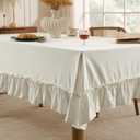 Romanstile Ruffle Rectangle Tablecloth - 60 x 84 Inch Farmhouse Vintage Washable Cotton Decorative Table Cloth with Flounces Trim for Dinner, Party, and Outdoor, White