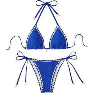SHENHE Women's 2 Piece Triangle Beach Bikini Sets Color Block Halter Swimsuit Bathing Suit Royal Blue Small