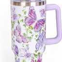 Whaline 40oz Purple Butterfly Tumbler with Handle Straw and Lid Spring Flower Butterfly Travel Tumbler Coffee Cup for Women Friend Holiday Birthday Party Favors