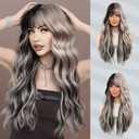 7JHH WIGS Long Wavy Silver Grey Black Highlight Wig 27in Natural Heat Resistant Fiber Synthetic Curly Light Grey Black Ombre Wigs with Bangs for Women Girls Daily Party Chrismas Travel Used