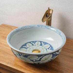 Ceramic Bathroom Vessel Sinks Vintage100% Hand Painted Blue and White Porcelain Flowers, and fishs Round Sink Bowl For Vanity Top (Green blue)