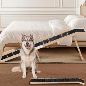 Easyego Foldable Dog Ramp for Bed and Couch, 74" Wood Pet Ramp with Side Rails and High Traction Carpet, 22 Gentle Long Slope, Top Landing Platform, Supports up to 200 LBS for Senior Dogs - Natural