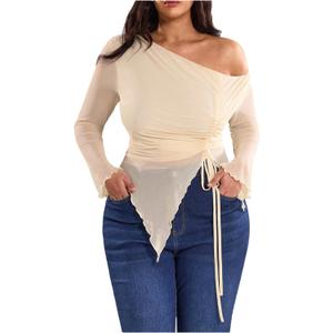 RoseSeek Women's Plus Size Sheer Mesh Off Shoulder Tops Long Sleeve Drawstring Asymmetrical Hem Ruched T Shirt Apricot XX-Large Plus