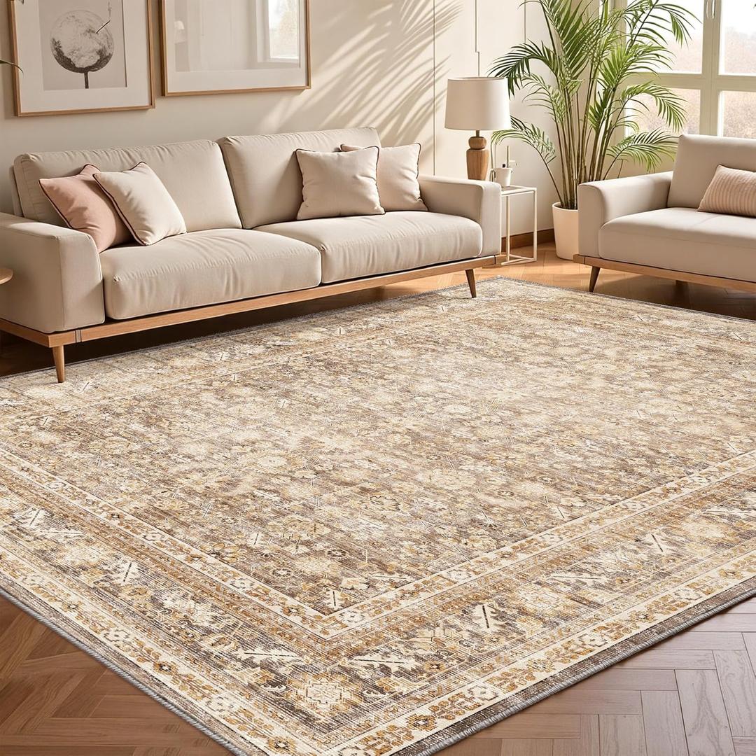 OPPODREAM Vintage Beige Area Rugs 10x14, 10 x 14 Retro Washable Rug Non Slip, Low-Pile Faux Wool Carpet, Soft Distressed Tan Floor Mat for Living Room, Bedroom, Office, Dorm, Dinning Room, Big & Large