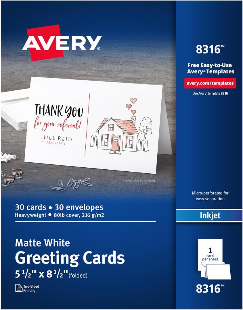 Avery Printable Half-Fold Greeting Cards, Envelopes Included, 5.5" x 8.5", Matte White, Inkjet Printer Compatible, 30 Blank Cards Total, Great for Product Branding, Marketing, and More (8316)
