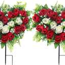 Lodou 2 Sets Artificial Cemetery Flowers, Grave Memorial Flowers with Ground Spike,Heart Shaped Wreaths Rose Flowers for Artificial Rose Decoration for Cemetery Headstones Gravesites (red)