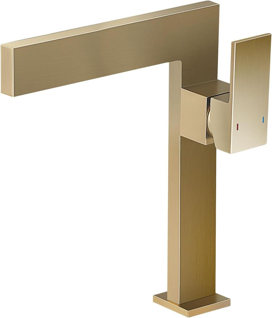 Brushed Gold Tall Bathroom Sink Faucet Ultra Thin Design, Single Handle Vessel Faucet for Bathroom Sink,1 Hole Lavatory Bowl Sink Faucets Solid Brass(Brushed Gold)