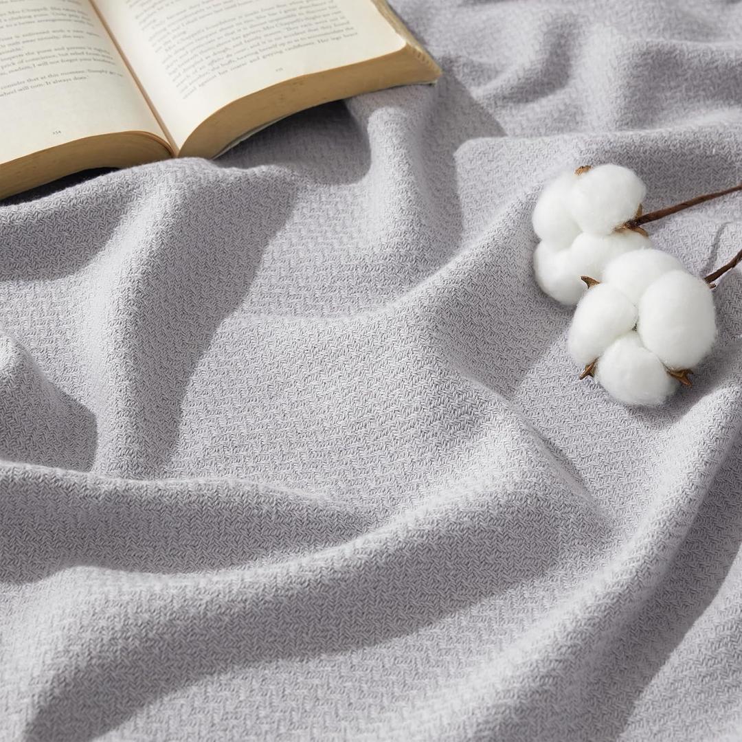 Bedsure GentleSoft 100% Cotton Blanket King Size for Bed - Breathable and Lightweight, Soft Cozy Textured Herringbone Woven Blanket for Summer, Grey, 108x90 inches