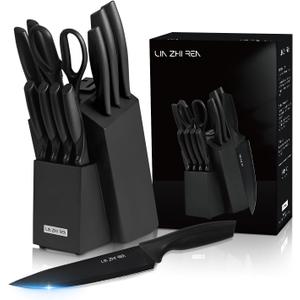 Kitchen Knife Set with block and Sharpener, 13 Pieces German Stainless Steel Knife Block Set for Chopping, Professional Chef Knife, Lightweight, Black Anti-slip Handle, Dishwasher Safe