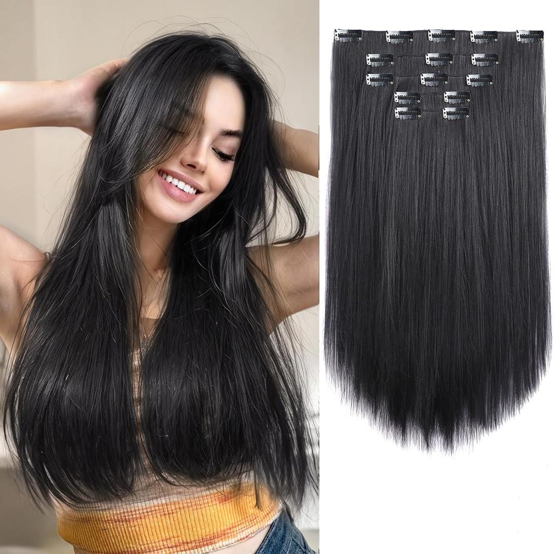 Natural Black Straight Hair Extension Clips 18 Inch Long Invisible Thick Synthetic Clip in Extensions 5PCS Soft and Easy Installation Hairpieces for Women Girls Weddings Party Daily Use 6.5 Oz