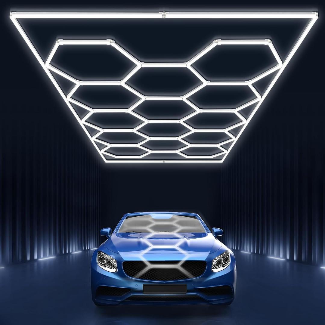 Garage Lights Hexagon led Lights DIY Ceiling LED Shop Light 91630LM for Basement Warehouse Workshop Barbershop Car Care Wash Room Auto Beauty Gym Exhibition Hall 14 Grids with Rectangle Frame 6500K