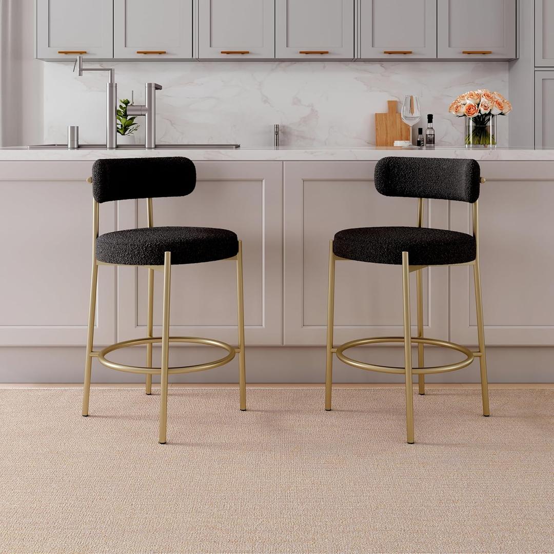 WOKER FURNITURE 26" Black Boucle Counter Stools Set of 2,Upholstered Counter Height Bar Stools with Back,Modern Bar Stools with Brass Metal Legs for Kitchen Island/Kitchen Counter