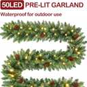9FT Christmas Garland Pre-lit 50LED Lights Holiday Artificial Decor for Stairs Mantle Door Indoor Outdoor Garland with Battery Operated Timer (Pinecone Green)