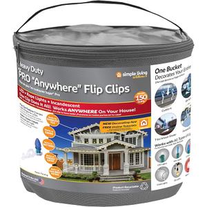 Simple Living Solutions 150ct Max Pro Anywhere Flip Clip with Fabric Storage Bucket- Christmas Light Hangers for Gutters- Compatible with LED Lights, Mini Lights, C7/C9 Lights, Icicle Lights and More
