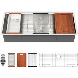Lordear 45 Inch Undermount Kitchen Sink Super Large Ledge Workstation T304 16 Gauge Stainless Steel Single Bowl Under Counter Kitchen Sink with Built-in Accessories 45''x19''x10''