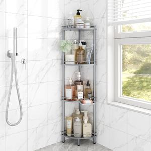 ELYKEN Corner Shower Caddy Standing, 4 Tier Rustproof Metal Shower Organizer with Soap Holder, Floor Shower Corner Shelf Rack Storage Stands with Adjustable Feet & 2 Hooks for Bathroom, Silver