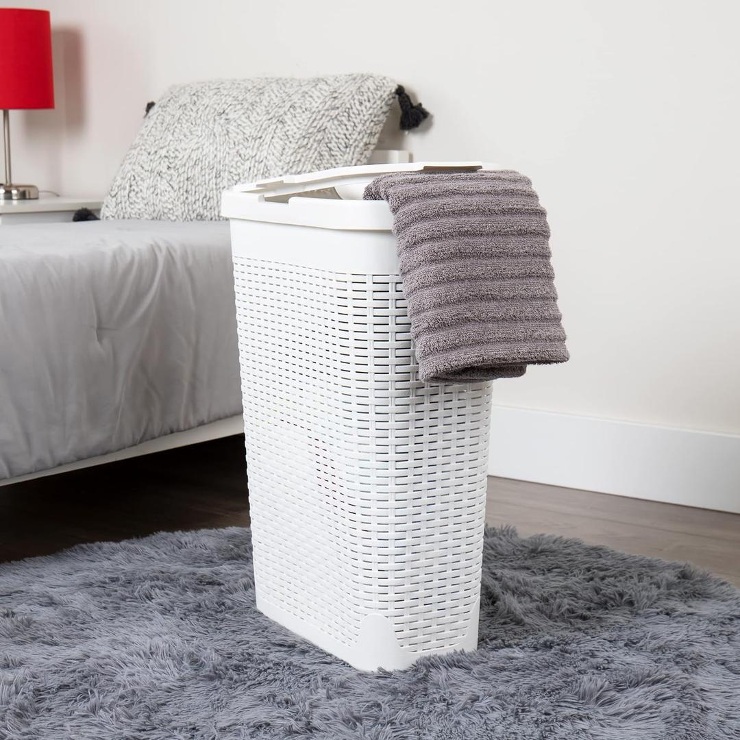 Mind Reader Slim Laundry Hamper with Lid, 40L Clothes Basket, Narrow Tapered Design with Ventilated Cutout Pattern, Plastic, 1 Pc, White