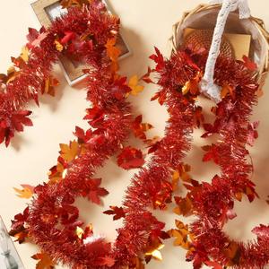 100 Feet Fall Maple Leaves Garland Orange Tinsel Leaf Thanksgiving Decoration for Tree Autumn Harvest Mantle Decor Party Garland Supply (100 FT)