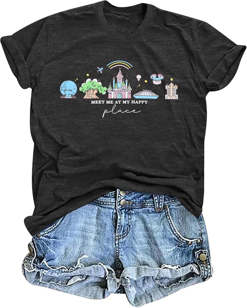 Womens World Traveler Shirt Magic Kingdom Graphic Tshirt Matching Trip T-Shirt Girl Vacation Hodilay Short Sleeve Top (Medium, Deep Gray)