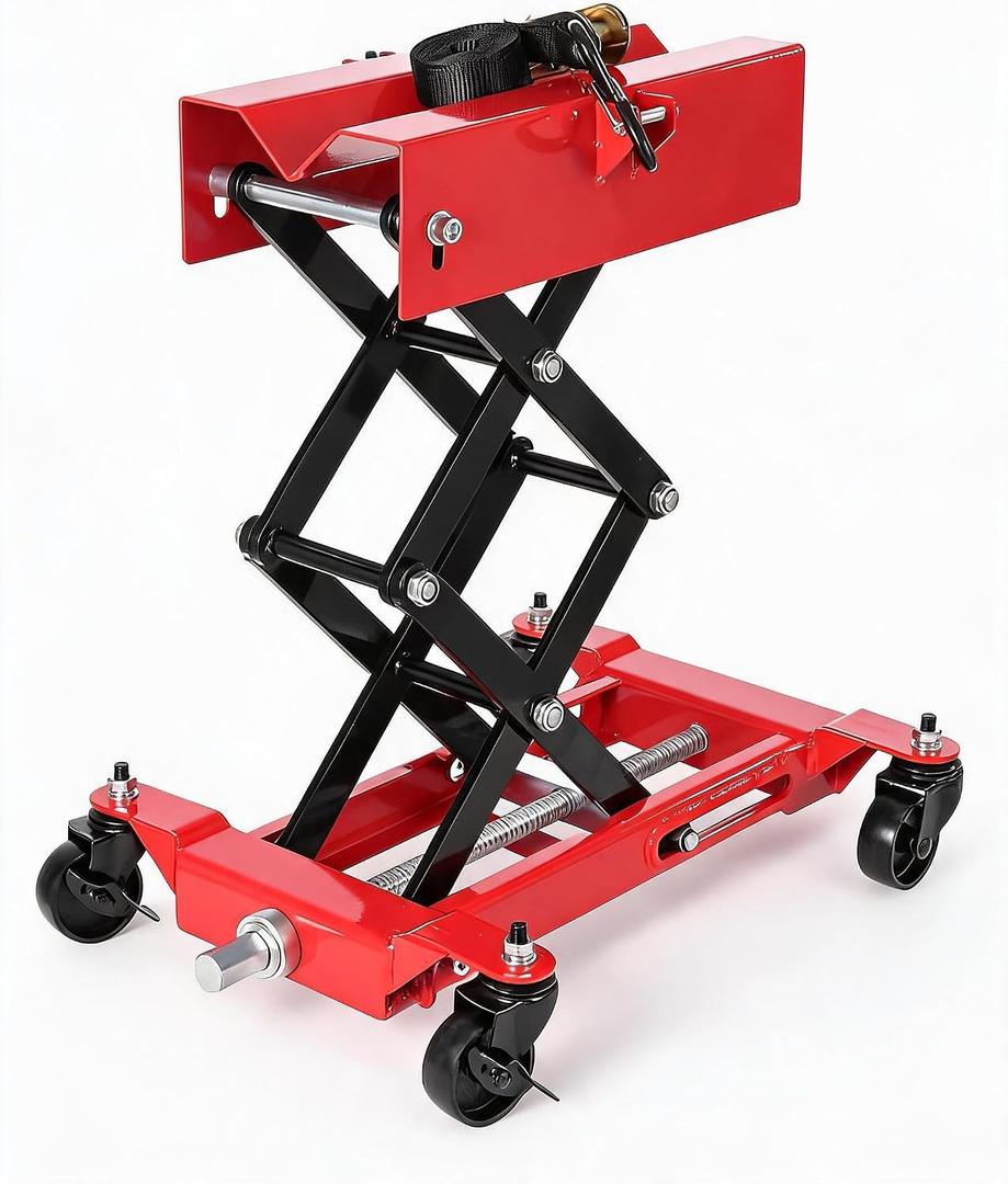 Garvee 450LB Low Profile Transmission Jack, 7–23 in Adjustable Lift Steel Transmission Jack with Swivel Casters, Locking Wheels & Nylon Safety Strap, for Auto/Truck Repair, Red