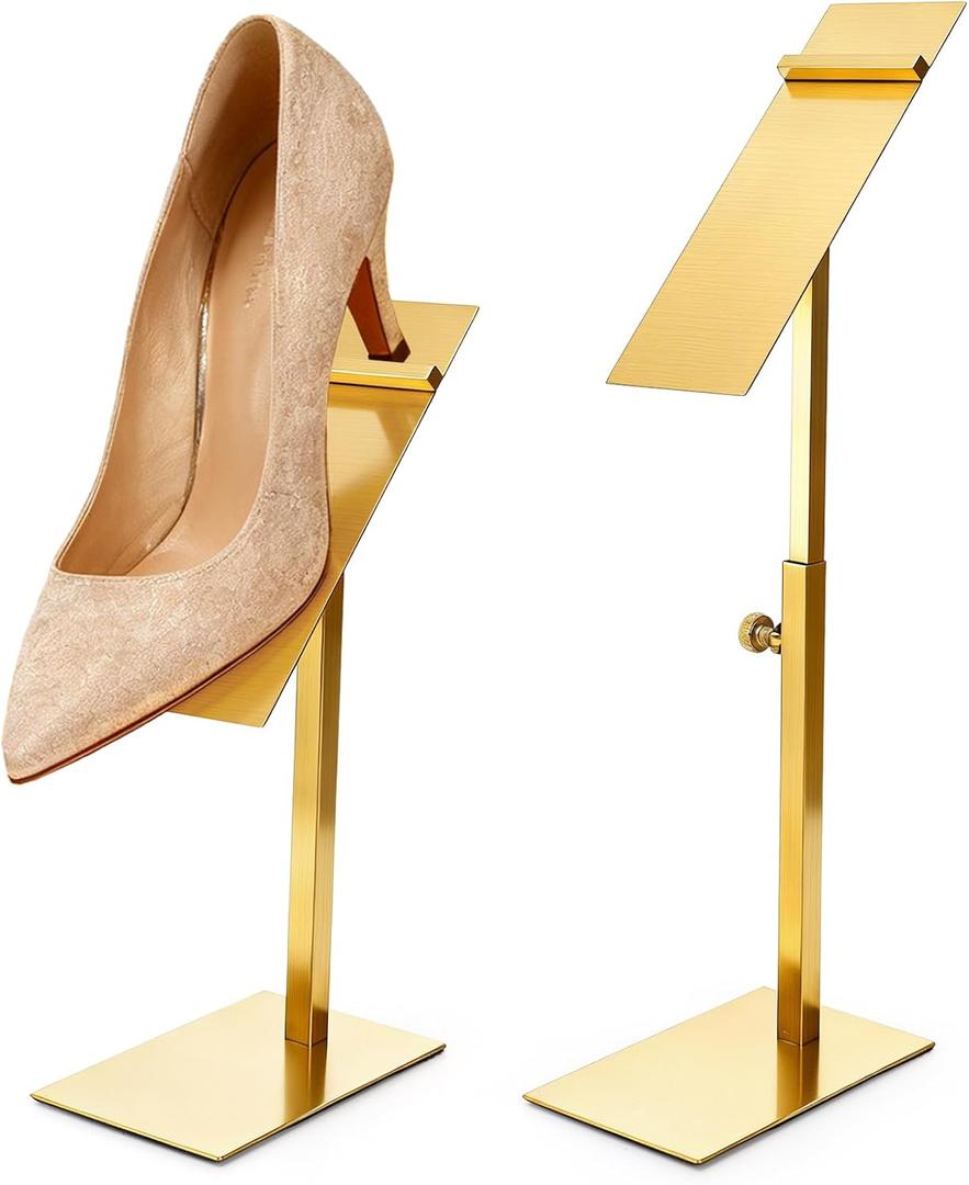 Hacaroa 2 Pack Shoe Display Stand Stainless Steel, Gold Shoe Riser Adjustable Height, Metal High Heel Sandal Display Rack Holder for Home Closet, Boutique, Store
