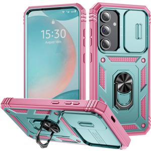 DAWEIXEAU Case for Galaxy S24 FE, Slide Lens Protective Case Shockproof Impact Resistant with Kickstand Cover Case for Samsung Galaxy S24 FE 5G 6.7" (Pink Green)